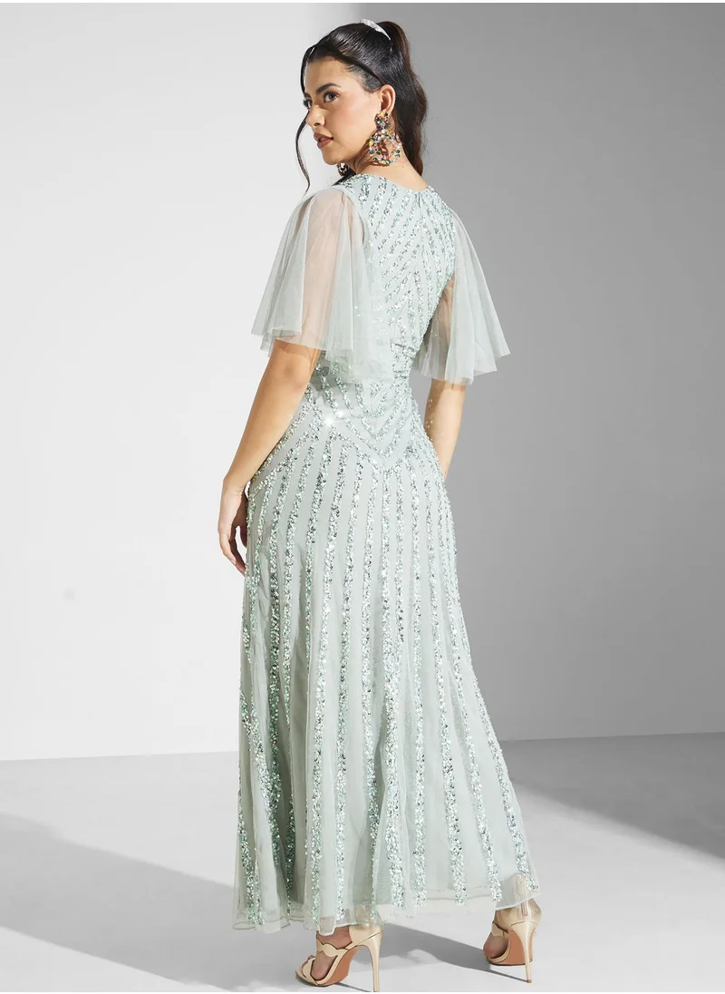 Namshi x Youmna Embellished Ruffle Sleeve Dress