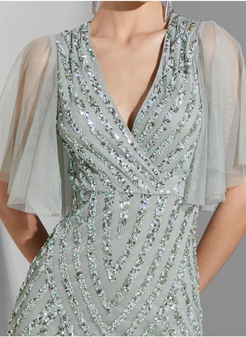 Namshi x Youmna Embellished Ruffle Sleeve Dress