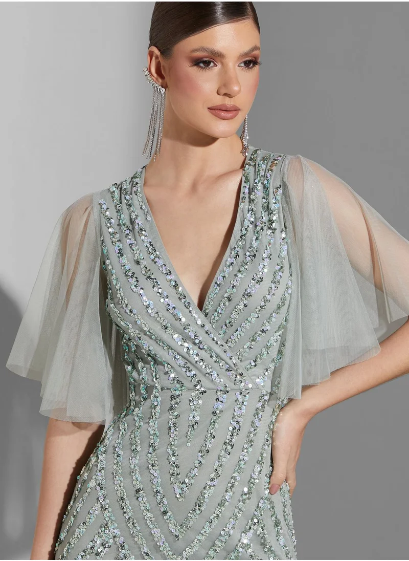 Namshi x Youmna Embellished Ruffle Sleeve Dress