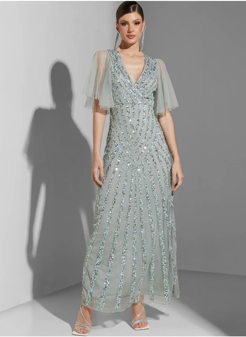 Namshi x Youmna Embellished Ruffle Sleeve Dress