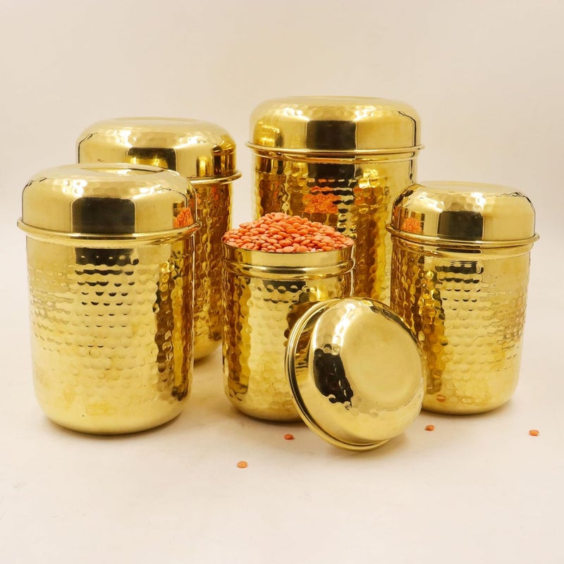 Spillbox علب أدوات نحاسية عمودية Spillbox مجموعة حاويات طعام من 5 قطع وزن صافي 1550 جرام سعة 300 جرام 500 جرام 650 جرام 900 جرام و 1200 جرام دبابا نحاسية مطروقة - Image 1