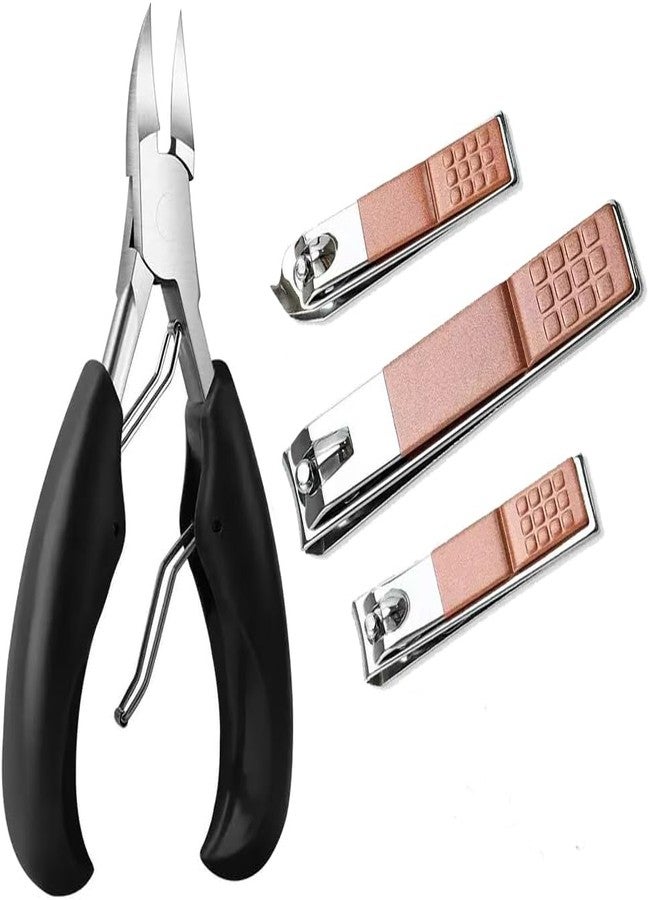 4Pcs Professional Nail Clippers Set, Ultra Sharp Sturdy Fingernail Clipper and Heavy Duty Toe Nail Clippers Adult Thick Nails Long Handle (Rosegold)