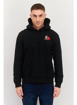 Men Hooded Embroidered Long Sleeves Sweatshirt, Black