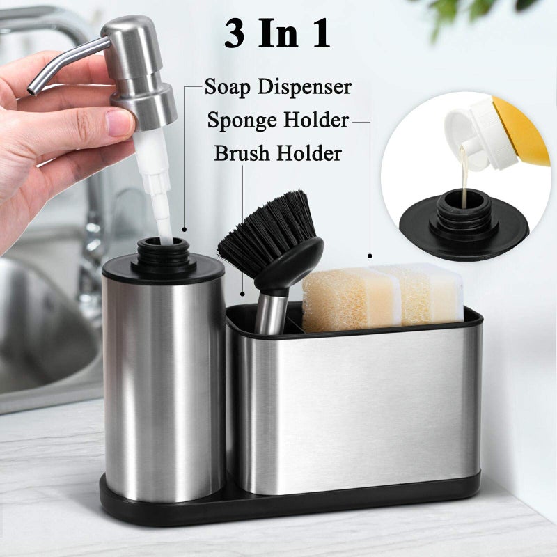 ODesign Kitchen Soap Dispenser Set - 3 in 1, Stainless Steel Dish Soap Dispenser with Sponge Holder, Dish Brush & Brush Holder, Kitchen Sink Caddy Organizer for Countertop - Rustproof, Non-Slip - Image 2