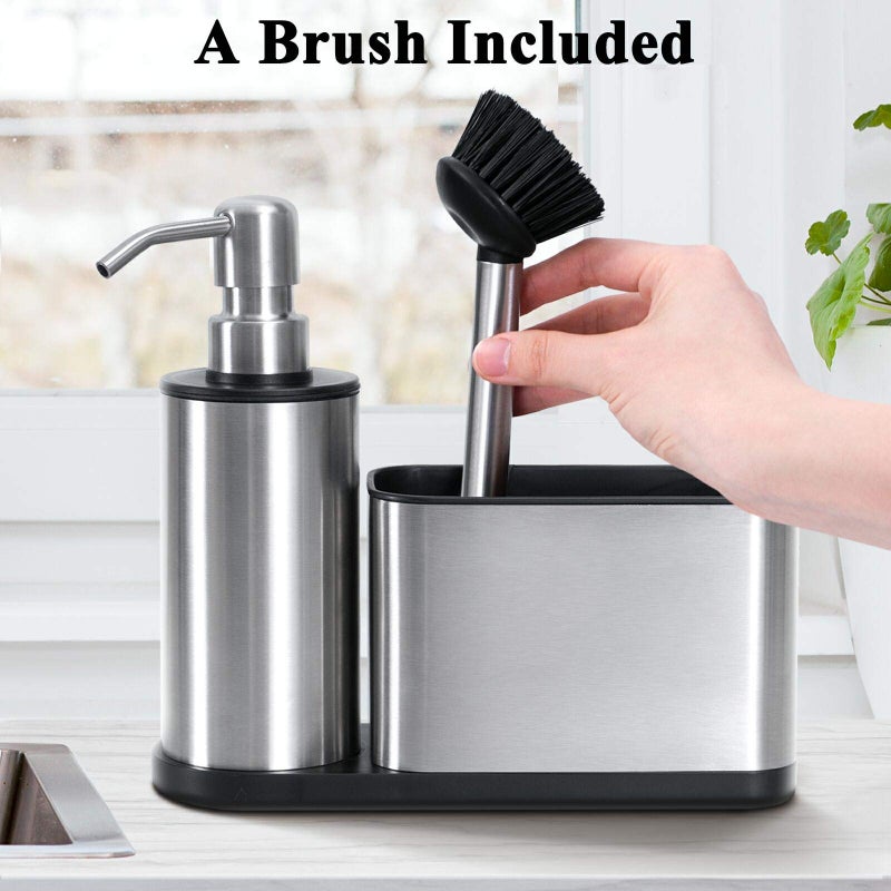 ODesign Kitchen Soap Dispenser Set - 3 in 1, Stainless Steel Dish Soap Dispenser with Sponge Holder, Dish Brush & Brush Holder, Kitchen Sink Caddy Organizer for Countertop - Rustproof, Non-Slip - Image 3