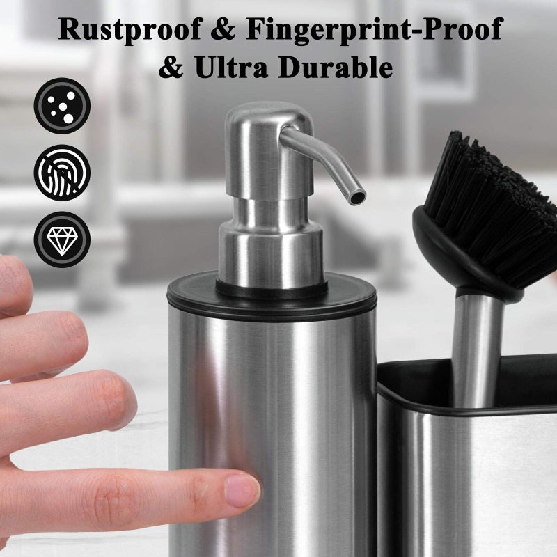 ODesign Kitchen Soap Dispenser Set - 3 in 1, Stainless Steel Dish Soap Dispenser with Sponge Holder, Dish Brush & Brush Holder, Kitchen Sink Caddy Organizer for Countertop - Rustproof, Non-Slip - Image 4