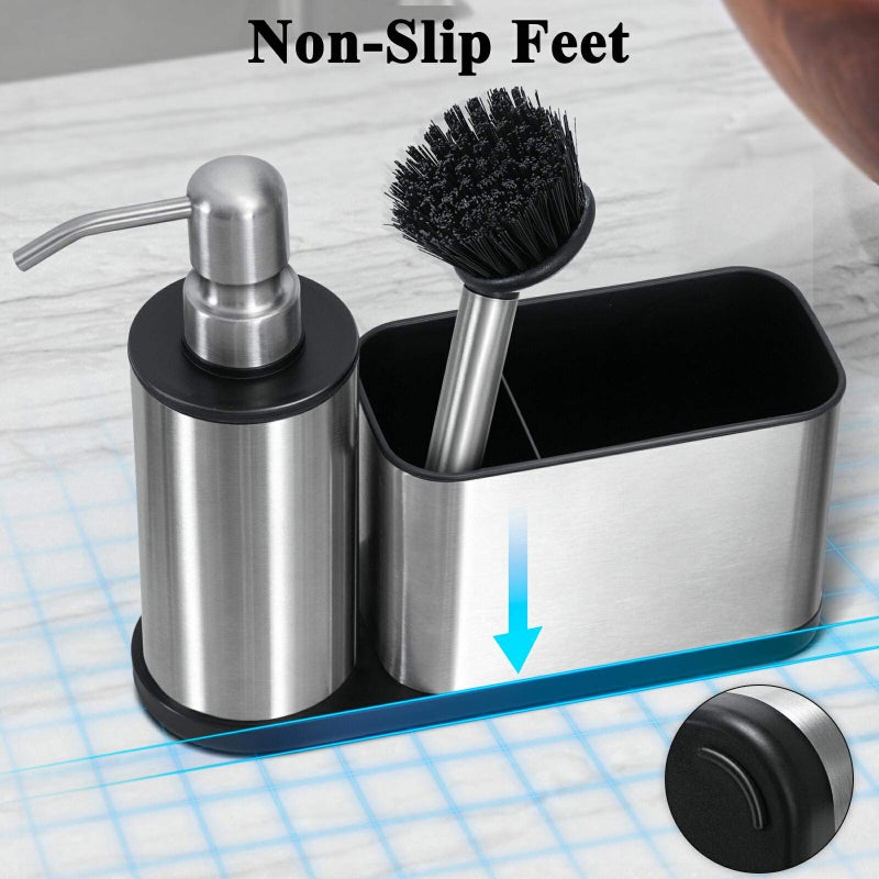 ODesign Kitchen Soap Dispenser Set - 3 in 1, Stainless Steel Dish Soap Dispenser with Sponge Holder, Dish Brush & Brush Holder, Kitchen Sink Caddy Organizer for Countertop - Rustproof, Non-Slip - Image 5