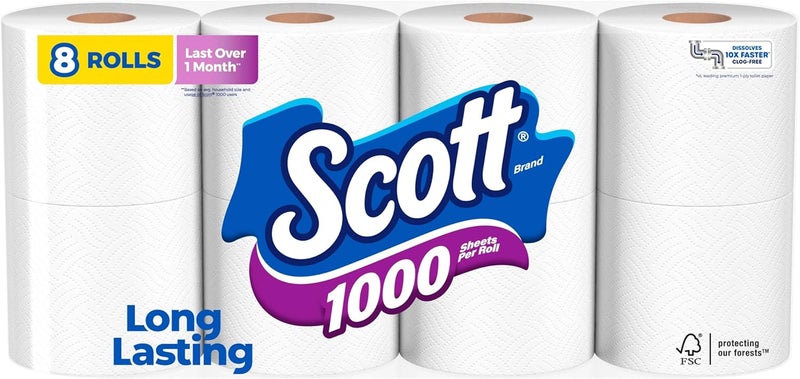 Scott 1000 Toilet Paper, 8 Rolls, Septic-Safe, 1-Ply Toilet Tissue - Image 1