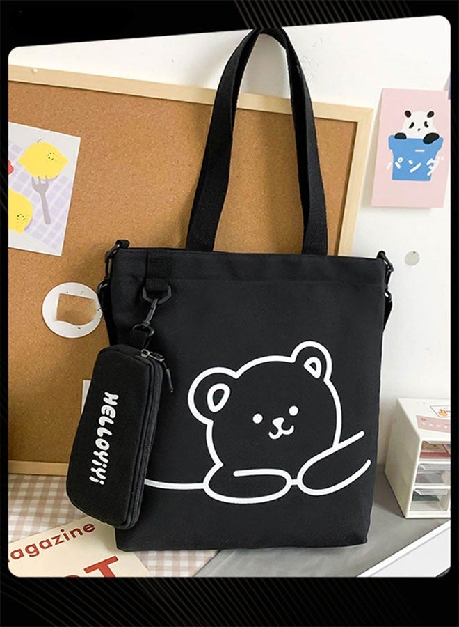 Joychic حقيبة كتف طلابية مطبوعة بشكل دب جميل سعة كبيرة قابلة للطي حقيبة قماش مع حقيبة أقلام سوداء - Image 2