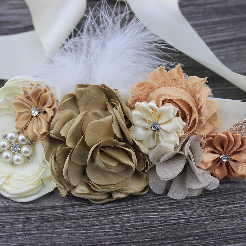 Lauthen.S Maternity Pregnancy Flower Sash Belt, Rhinestone Feather Sash for Wedding Bride/Baby Shower Dress (Ivory, One Size) - Image 4