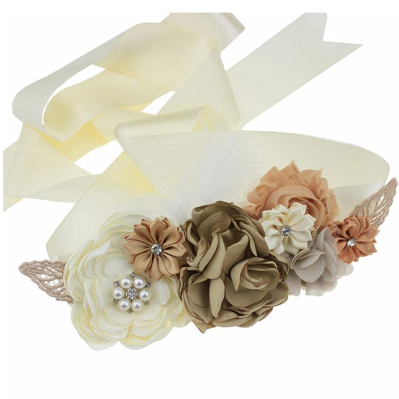 Lauthen.S Maternity Pregnancy Flower Sash Belt, Rhinestone Feather Sash for Wedding Bride/Baby Shower Dress (Ivory, One Size) - Image 1