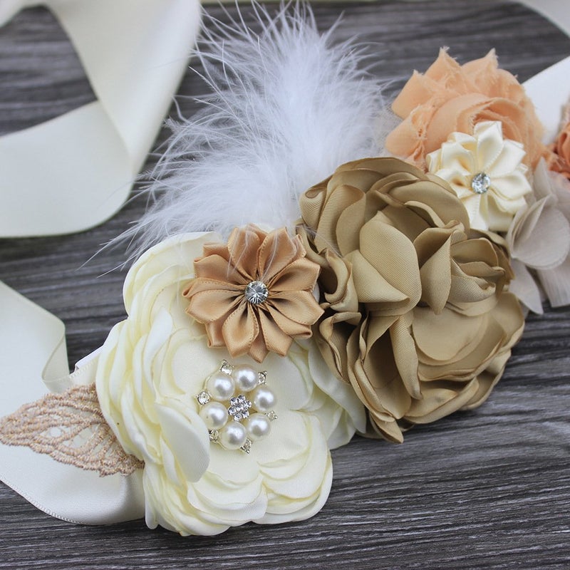Lauthen.S Maternity Pregnancy Flower Sash Belt, Rhinestone Feather Sash for Wedding Bride/Baby Shower Dress (Ivory, One Size) - Image 2