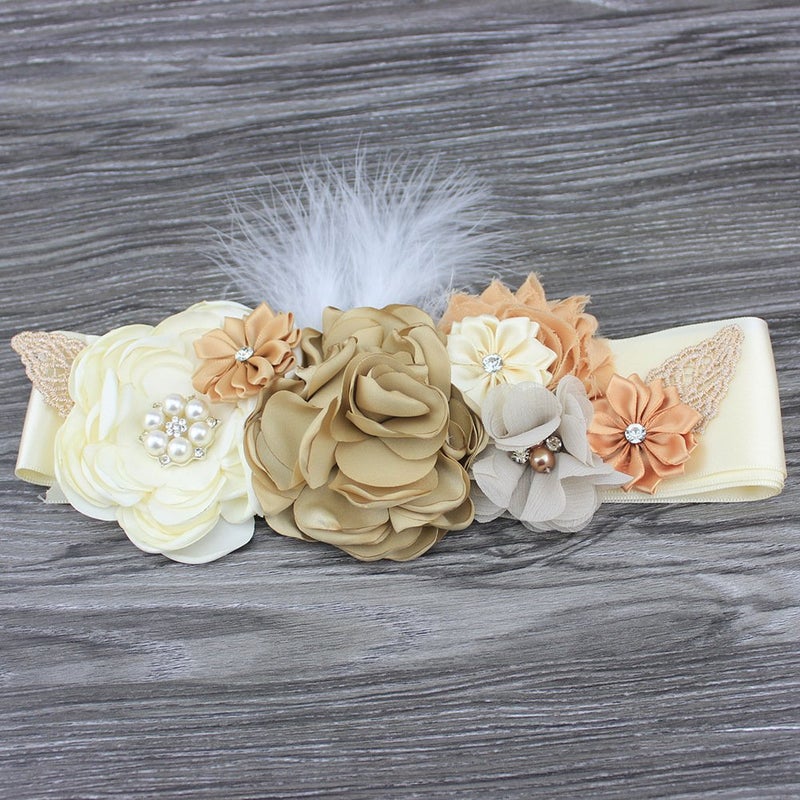 Lauthen.S Maternity Pregnancy Flower Sash Belt, Rhinestone Feather Sash for Wedding Bride/Baby Shower Dress (Ivory, One Size) - Image 3