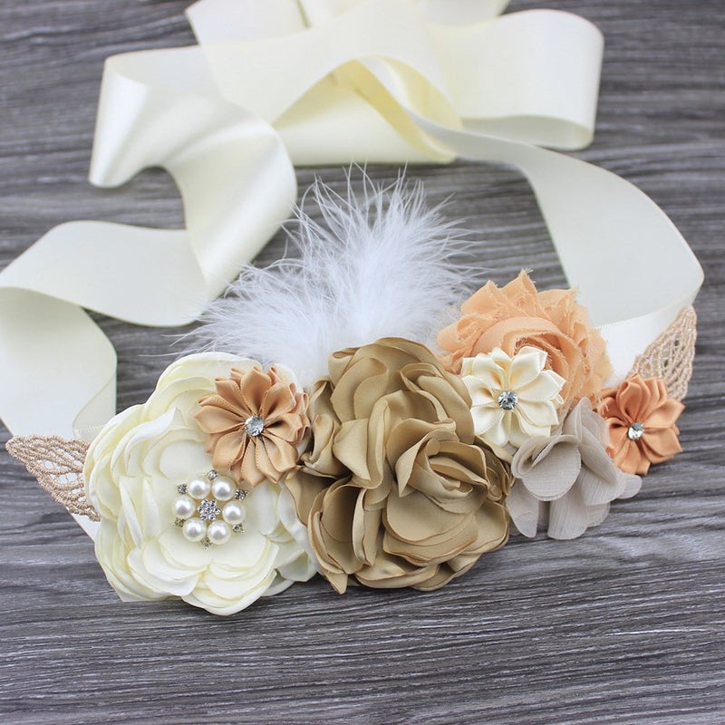 Lauthen.S Maternity Pregnancy Flower Sash Belt, Rhinestone Feather Sash for Wedding Bride/Baby Shower Dress (Ivory, One Size) - Image 5