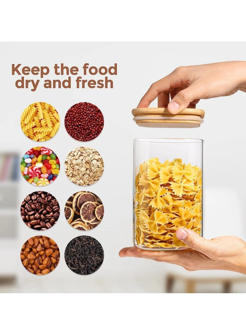 Quesera  Airtight Glass Storage Canister with Wood Lid (1100ml), Clear Food Storage Container Jar with Sealing Bamboo Lid for Noodles Flour Cereal Rice Sugar Tea Coffee Beans, Square Set of 4  | Best Price UAE