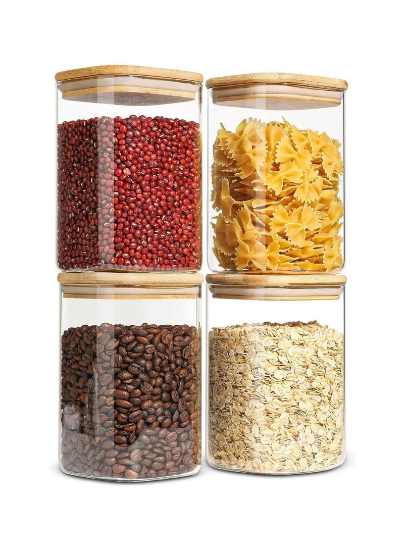 كويزيرا علبة تخزين زجاجية محكمة الغلق من كويسيرا مع غطاء خشبي (1100 مل)، وعاء شفاف لتخزين الطعام مع غطاء من الخيزران لغلق النودلز ودقيق الحبوب والأرز وحبوب القهوة والشاي والسكر، مجموعة مربعة مكونة من 4 قطع