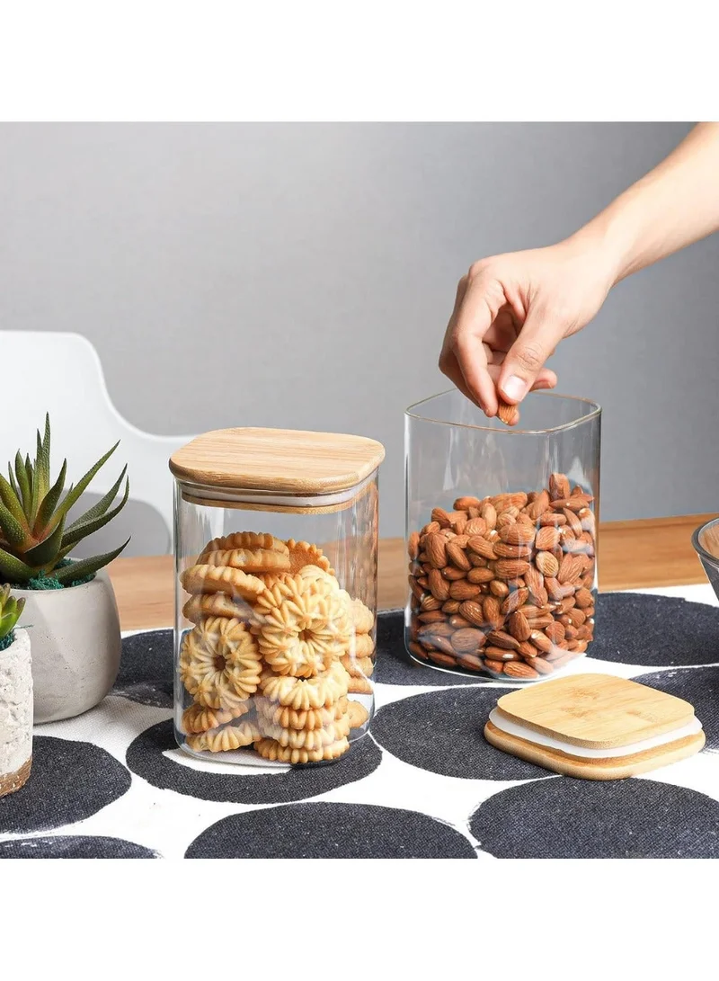 Quesera  Airtight Glass Storage Canister with Wood Lid (1100ml), Clear Food Storage Container Jar with Sealing Bamboo Lid for Noodles Flour Cereal Rice Sugar Tea Coffee Beans, Square Set of 4  | Best Price UAE