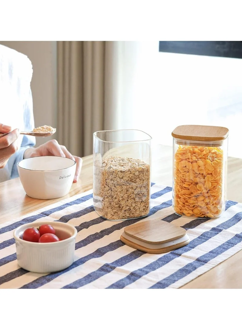 Quesera  Airtight Glass Storage Canister with Wood Lid (1100ml), Clear Food Storage Container Jar with Sealing Bamboo Lid for Noodles Flour Cereal Rice Sugar Tea Coffee Beans, Square Set of 4  | Best Price UAE