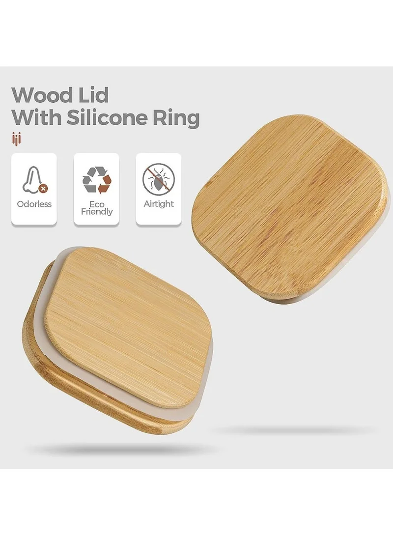 كويزيرا علبة تخزين زجاجية محكمة الغلق من كويسيرا مع غطاء خشبي (1100 مل)، وعاء شفاف لتخزين الطعام مع غطاء من الخيزران لغلق النودلز ودقيق الحبوب والأرز وحبوب القهوة والشاي والسكر، مجموعة مربعة مكونة من 4 قطع