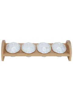 Alsaif Gallery Beige oval porcelain yogurt set with lid and wooden stand, 4 pieces  - Image 1