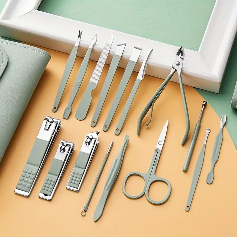 Trendegic Trendegic 16 Pcs Stainless Steel Professional Manicure Set Nail Cutter for Women Nail Scissors Luxury Grooming Kit Manicure Pedicure Kit with Leather Case for Women Nail Acne Remover needle 1 Set Green - Image 4