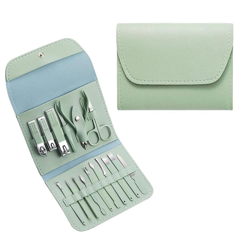 Trendegic Trendegic 16 Pcs Stainless Steel Professional Manicure Set Nail Cutter for Women Nail Scissors Luxury Grooming Kit Manicure Pedicure Kit with Leather Case for Women Nail Acne Remover needle 1 Set Green - Image 1