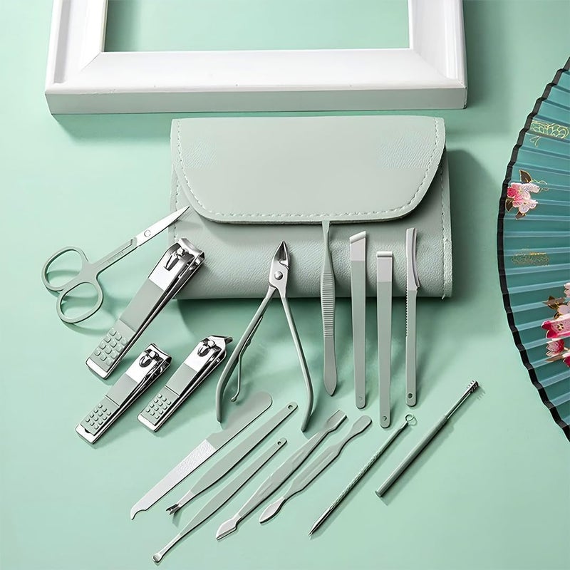 Trendegic Trendegic 16 Pcs Stainless Steel Professional Manicure Set Nail Cutter for Women Nail Scissors Luxury Grooming Kit Manicure Pedicure Kit with Leather Case for Women Nail Acne Remover needle 1 Set Green - Image 2
