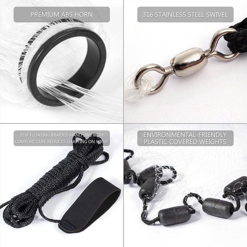 BASSDASH American Saltwater Fishing Cast Net 3/8 1/4-Inch Mesh 4ft 6ft 8ft Radius, 1-Pound Per Foot, for Bait Fish with Utility Bucket Casting - Image 3