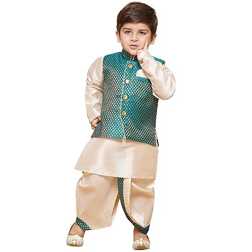 AJ DEZINES Kids Ethnic Wear Green Dhoti Kurta Set For Boys With Waist Coat (1926-Green-4, Silk) 4 Years-5 Years - Image 1