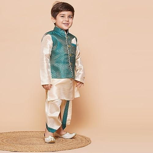 AJ DEZINES Kids Ethnic Wear Green Dhoti Kurta Set For Boys With Waist Coat (1926-Green-4, Silk) 4 Years-5 Years - Image 4