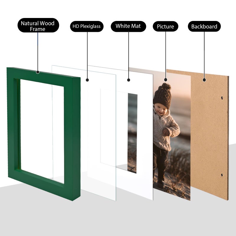 KINLINK 6x8 Picture Frames Green - Wood Frames with Acrylic Plexiglass for Pictures 4x6 with Mat or 6x8 without Mat  Tabletop and Wall Mounting Display  Set of 4