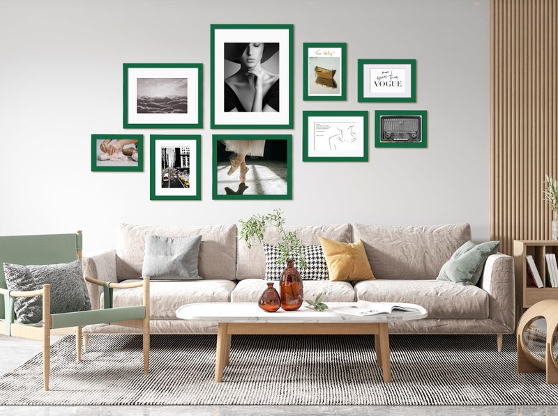 KINLINK 6x8 Picture Frames Green - Wood Frames with Acrylic Plexiglass for Pictures 4x6 with Mat or 6x8 without Mat  Tabletop and Wall Mounting Display  Set of 4