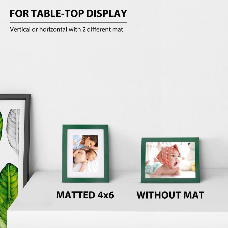 KINLINK 6x8 Picture Frames Green - Wood Frames with Acrylic Plexiglass for Pictures 4x6 with Mat or 6x8 without Mat  Tabletop and Wall Mounting Display  Set of 4