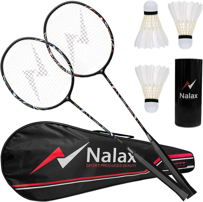 Nalax Badminton Set,2 Player Badminton Rackets Carbon Fiber Badminton Racquet with 3 Shuttlecocks and 1 Carrying Bag,Badminton Backyard Games for Outdoor,Garden,Beach,Family Fun Game - Image 1