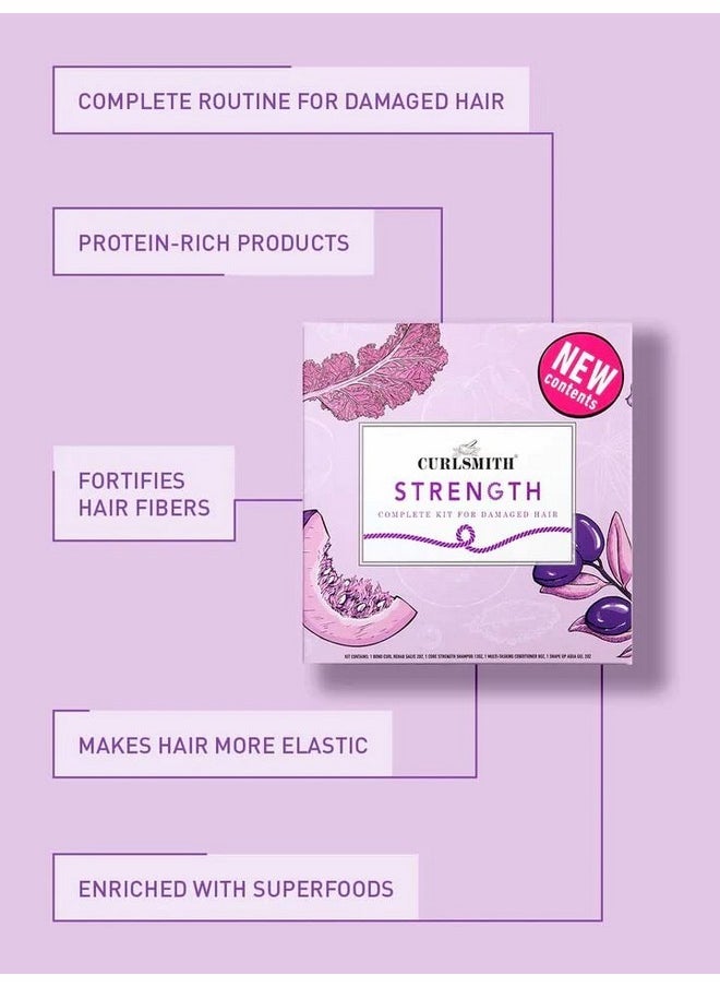CURLSMITH - Curlsmith - Strength Complete Kit for Damaged Hair, with Core Strength Shampoo, Multi-Tasking Conditioner, Bond Curl & Shape Up Aqua Gel - Image 1