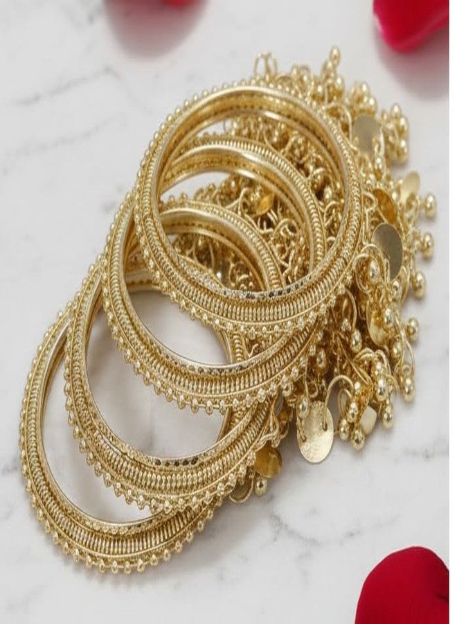 NMII Gold Tone Hanging Charm Bangles for Women | Designer Engagement Kada | Bridal Party Ethnic Chudi | Trending Indian Fashion Jewelry - Set of 4 (MAH174_SpringLatkan-Gold-2.4) - Image 5
