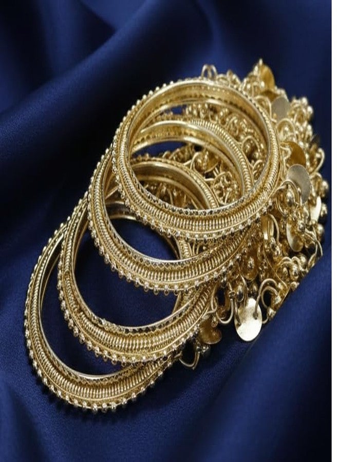 NMII Gold Tone Hanging Charm Bangles for Women | Designer Engagement Kada | Bridal Party Ethnic Chudi | Trending Indian Fashion Jewelry - Set of 4 (MAH174_SpringLatkan-Gold-2.4) - Image 4