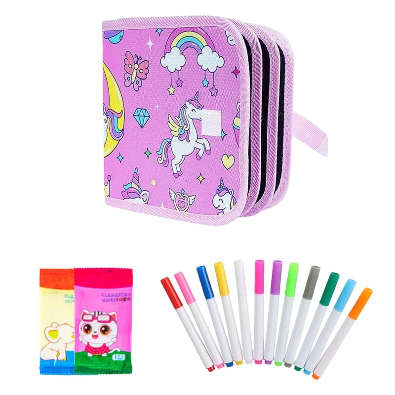 FINEMOE Reusable Doodle Book Set for Kids, 14 Page Erasable Drawing Notebook with 12 Sketch Pens, 2 Wipes, Fun Painting Activity & Stationery Kit, Age 3-12 Gift (Unicorn), Multicolor - Image 1