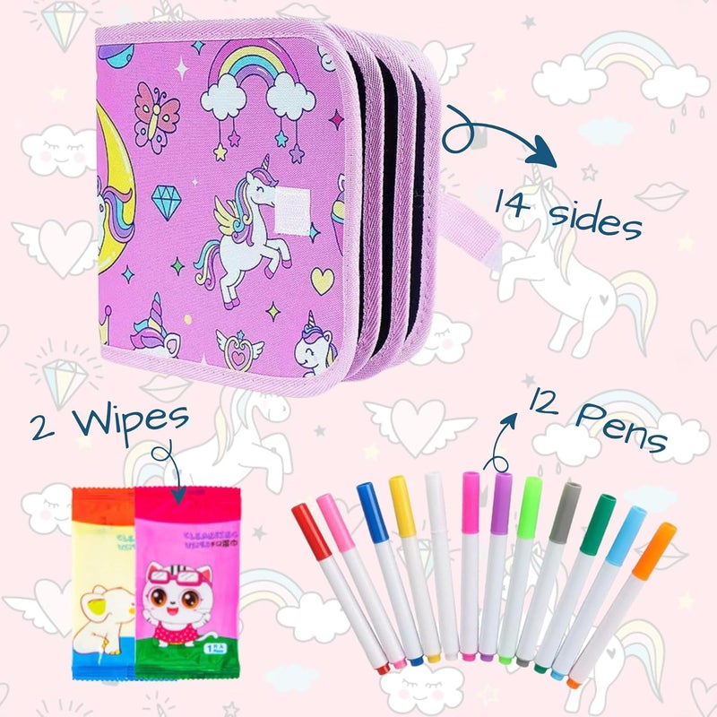 FINEMOE Reusable Doodle Book Set for Kids, 14 Page Erasable Drawing Notebook with 12 Sketch Pens, 2 Wipes, Fun Painting Activity & Stationery Kit, Age 3-12 Gift (Unicorn), Multicolor - Image 3