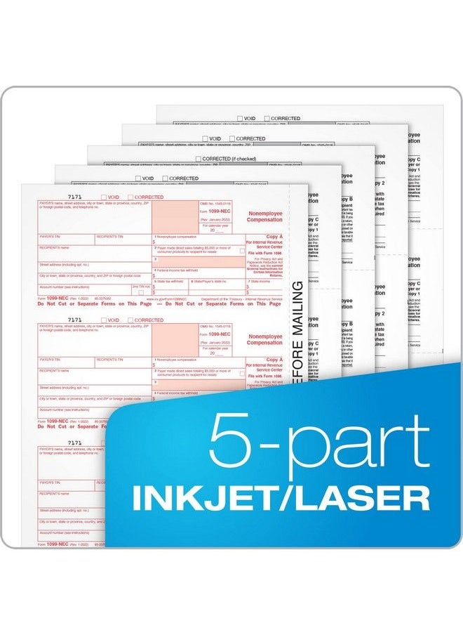ADAMS - 1099 Nec 3 Up Forms 2022 5 Part 1099 Forms Laser Inkjet Tax Form Sets For 50 Recipients Includes 3 1096 Forms 50 Pack (Txa22993Nec22) - Image 1