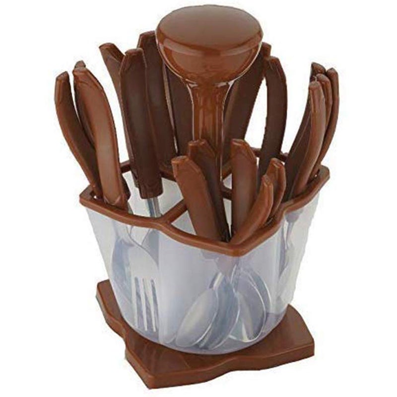 ConvertKitchen 24Piece Brown Cutlery Set with Stand Stainless Steel Plastic Includes 6 Tablespoons 6 Teaspoons 6 Forks 6 Dessert Spoons Elegant Dining Tableware - Image 1