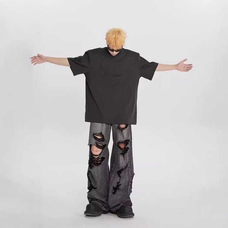 Scraped Ripped Wide Leg Pants Old Black Jeans Summer Casual Washed Niche Design Trousers - Image 4