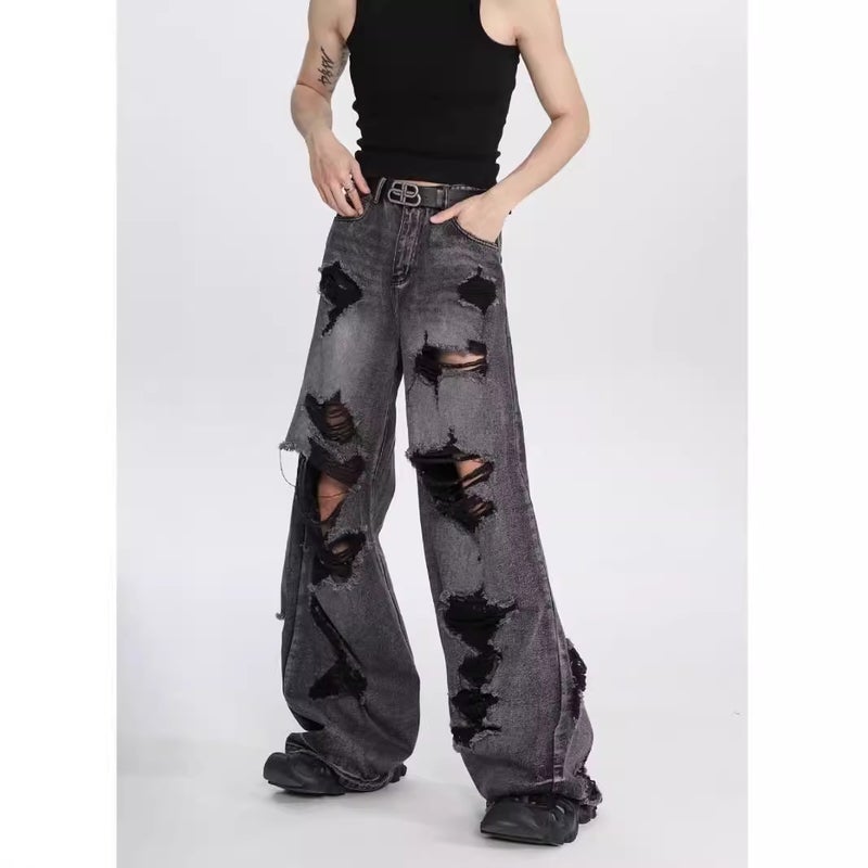 Scraped Ripped Wide Leg Pants Old Black Jeans Summer Casual Washed Niche Design Trousers - Image 2