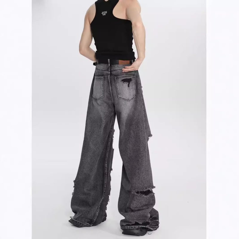 Scraped Ripped Wide Leg Pants Old Black Jeans Summer Casual Washed Niche Design Trousers - Image 5