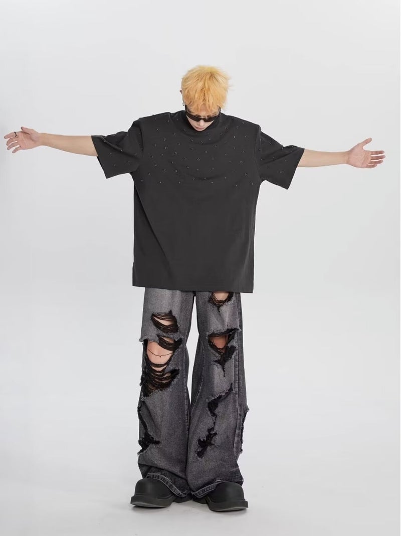 Scraped Ripped Wide Leg Pants Old Black Jeans Summer Casual Washed Niche Design Trousers - Image 1