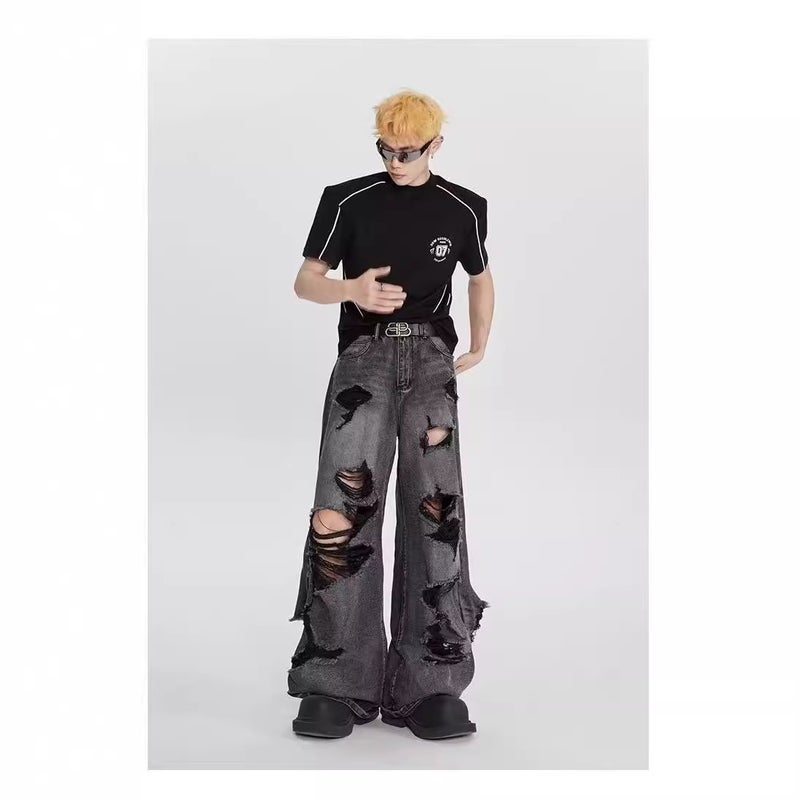 Scraped Ripped Wide Leg Pants Old Black Jeans Summer Casual Washed Niche Design Trousers - Image 3