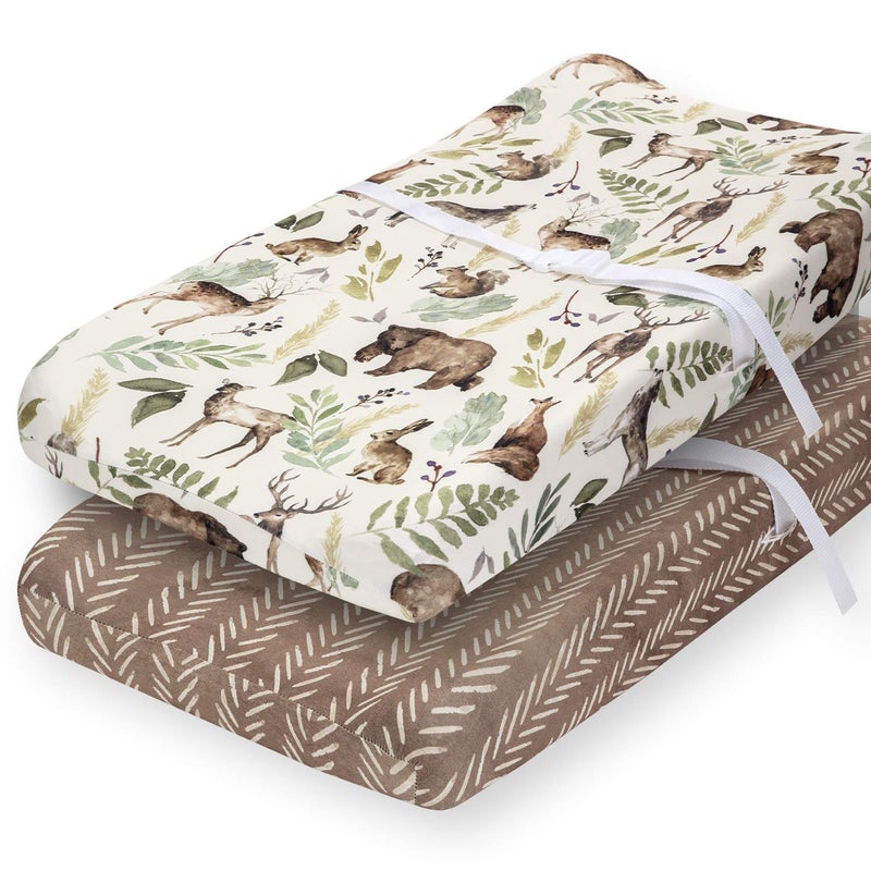 Pobibaby 2 Pack Premium Changing Pad Cover UltraSoft Cotton Blend Stylish Woodland Pattern Safe and Snug for Baby Wildlife