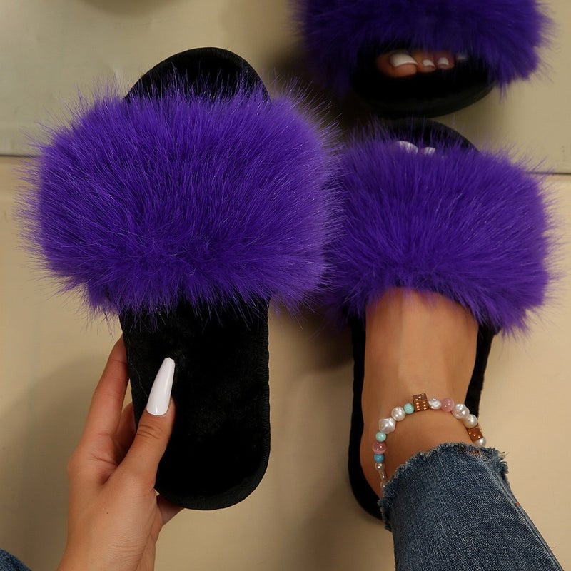 Furry Slippers for Womens Outer Wear 2025 New Korean Style Ins Trendy Shoes Autumn and Winter One-Line Thick-Soled Cotton Slippers Autumn and Winter Style Purple 