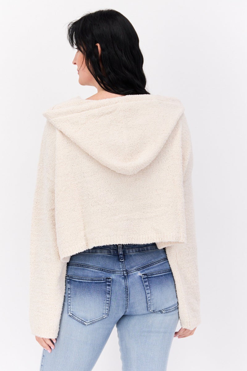 NIA Women Hooded Long Sleeves Sweater, Beige - Image 3