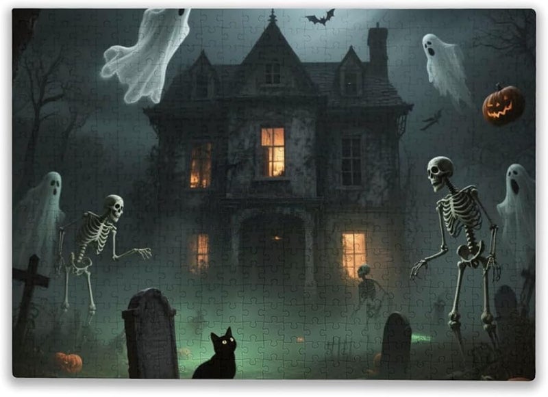 500 Pieces Jigsaw Puzzle For Adults Haunted House Black Cat Ghost Horror Large Difficult Cool Holiday Puzzle - Image 1